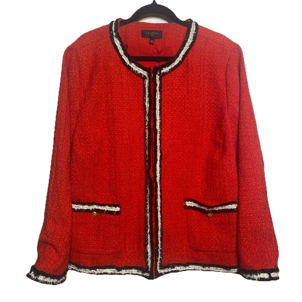 Talbots Fringe Stipe Tweed Jacket Red Plus Size‎ 20w Retail: $199 EUC